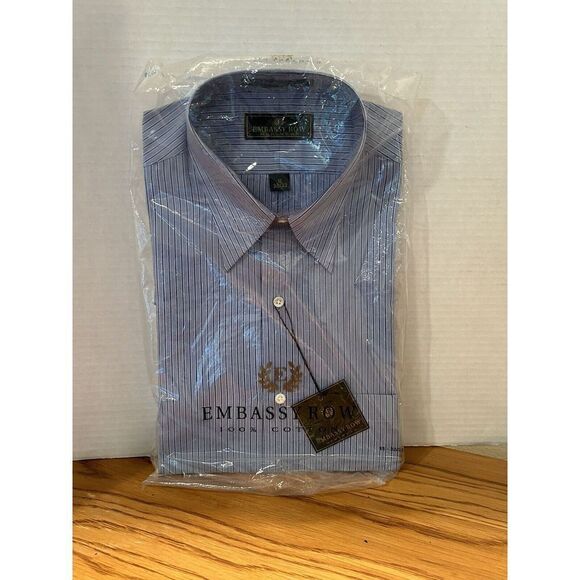 Embassy Row Shirt Mens 15 32/33 Blue Striped Button Long Sleeve 100% Cotton - Picture 1 of 4
